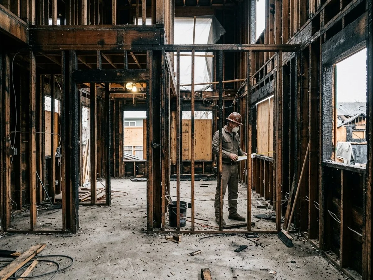 Boulder home stripped to studs during fire repairs, ready for asbestos inspection