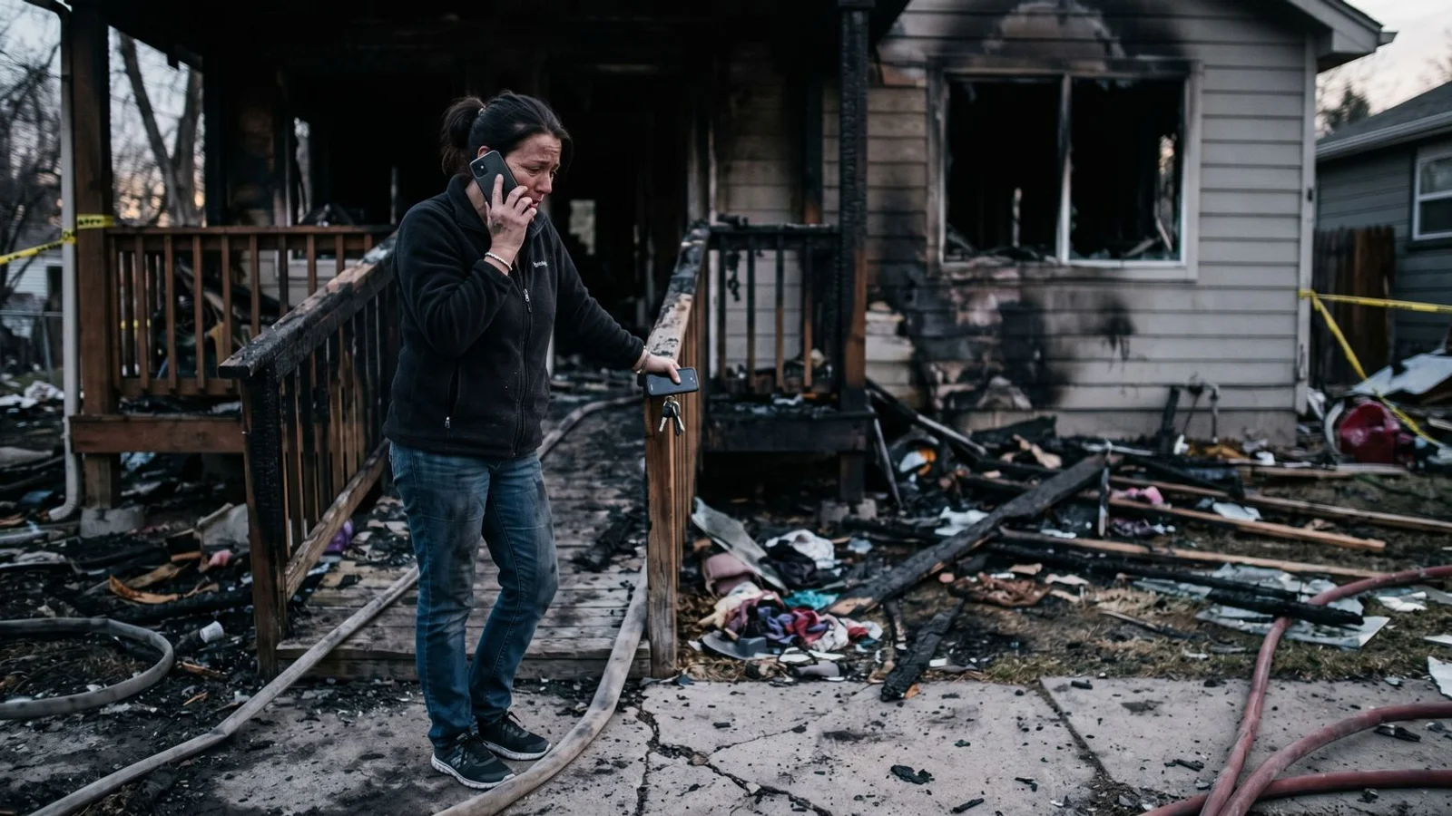 Homeowner on phone outside a smoke-damaged Boulder home at dusk