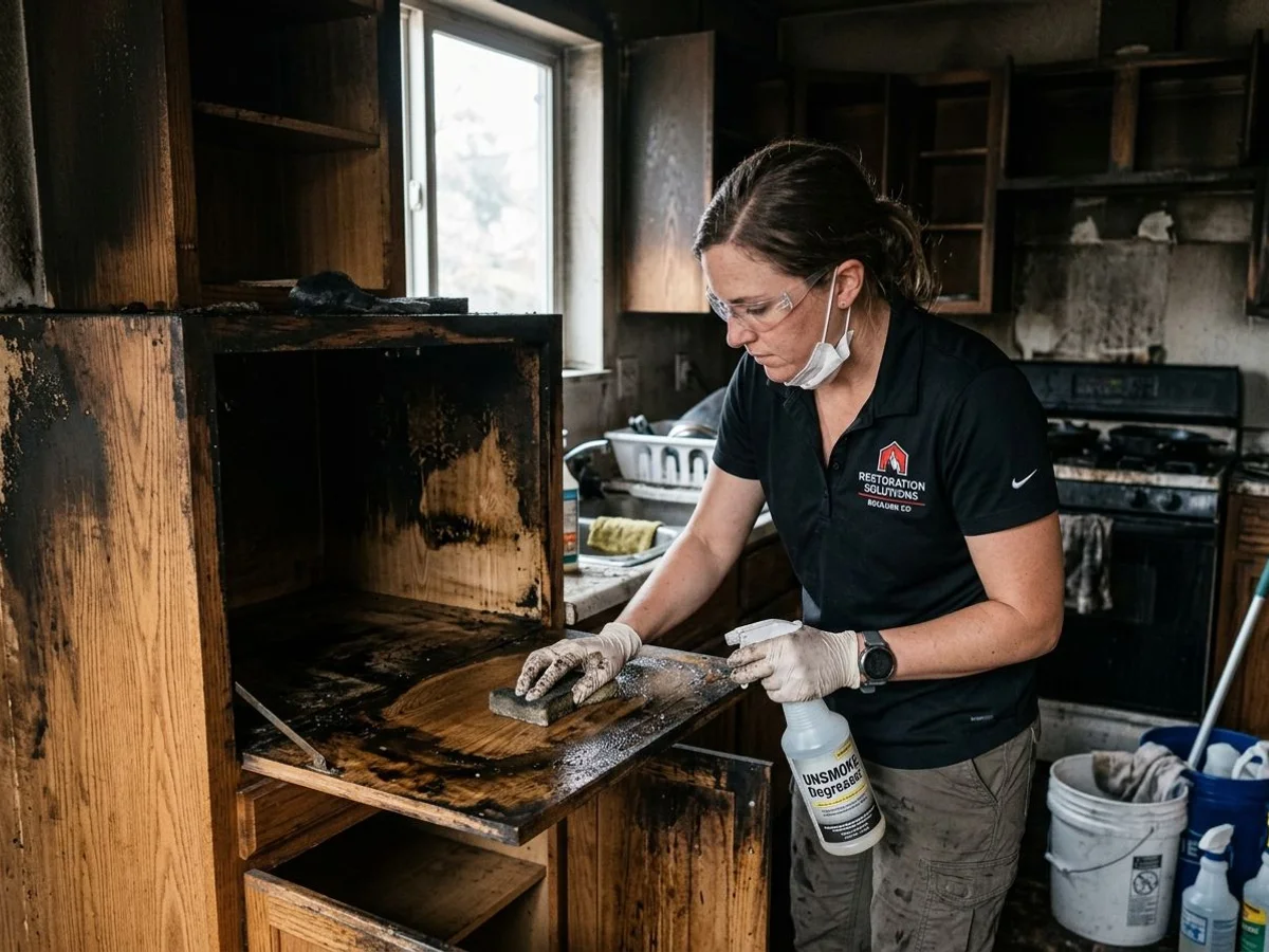 Cabinet interior being degreased after a kitchen fire