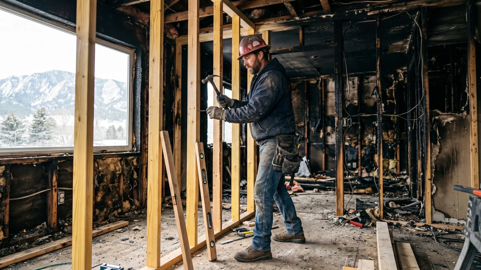 Carpenter framing a fire-damaged room during repair