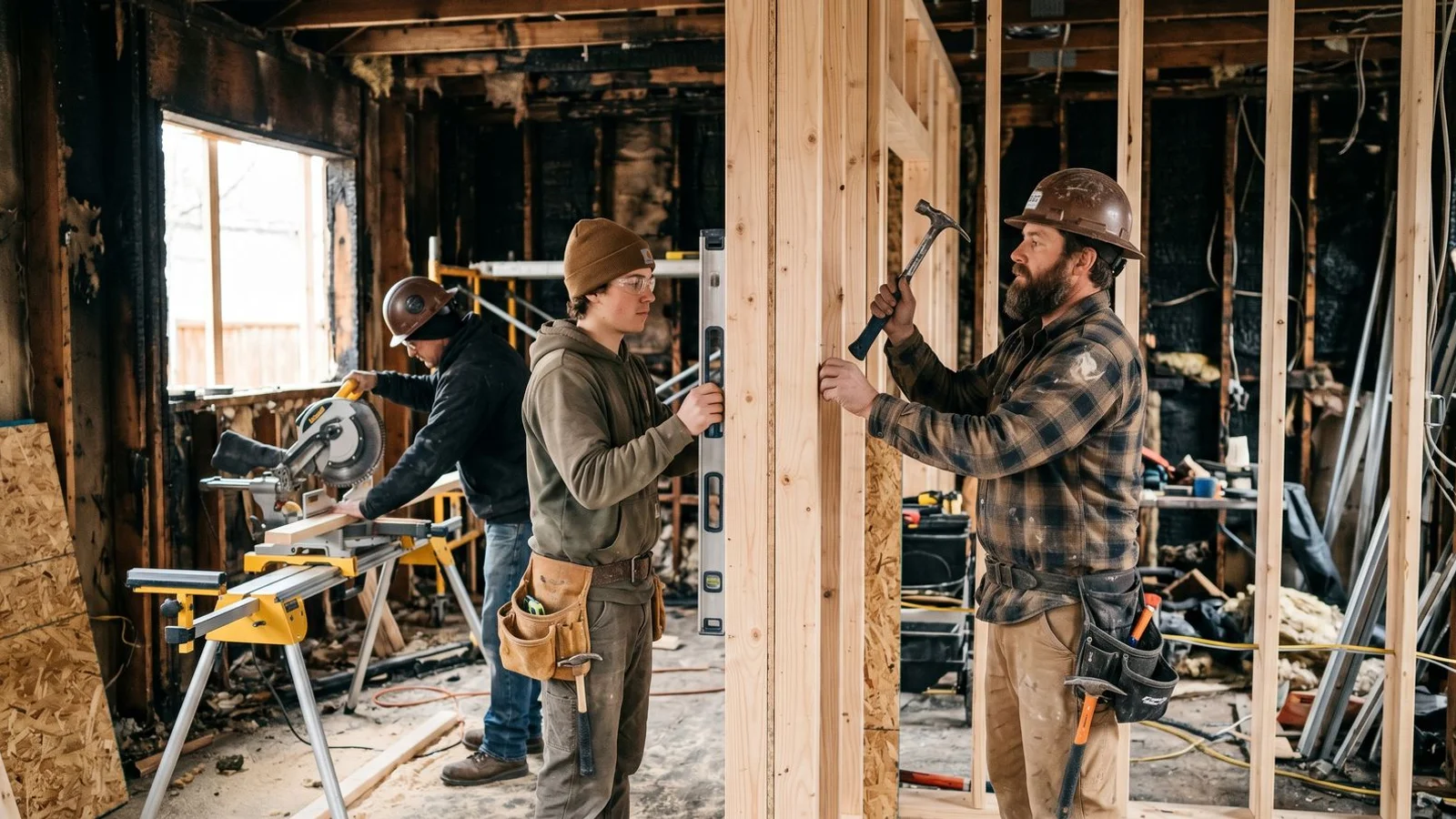 Crew framing rebuilt walls inside a Boulder home after fire damage
