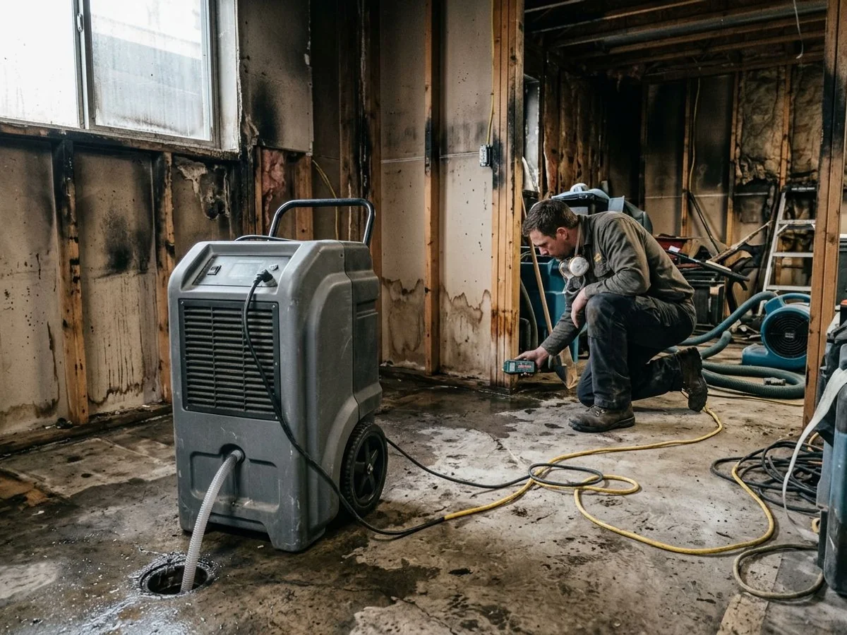 Commercial dehumidifier drying structure after firefighting water