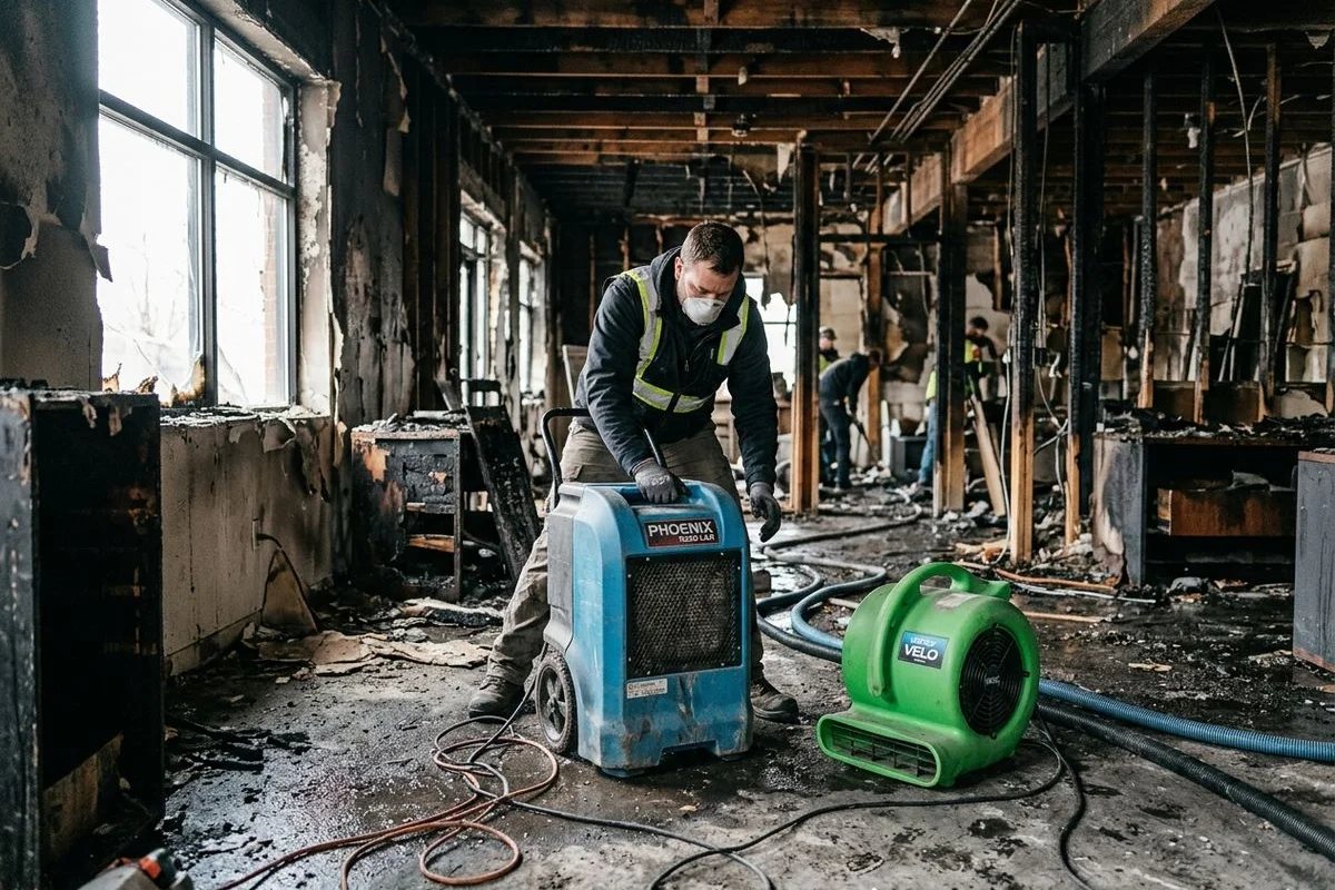 Commercial dehumidifiers drying the structure