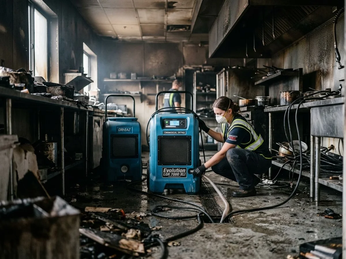 Commercial-grade dehumidifiers drying out a restaurant after fire suppression