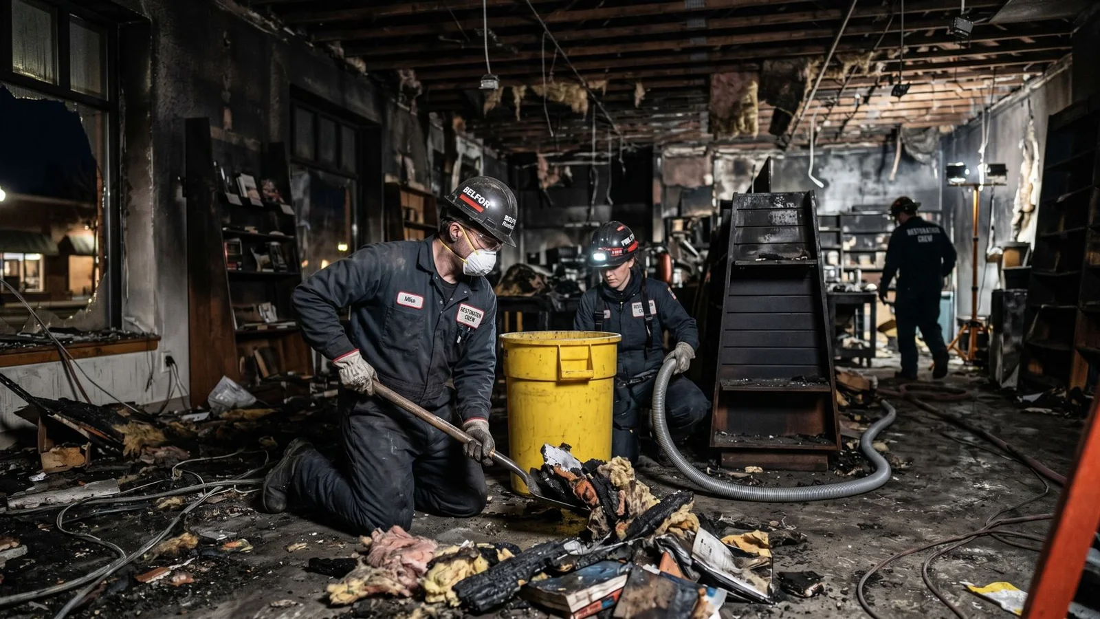 Commercial restoration crew working inside a fire-damaged Boulder retail space