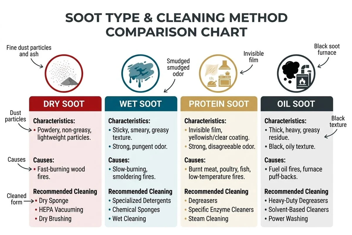 Comparison chart: soot types and their cleaning methods