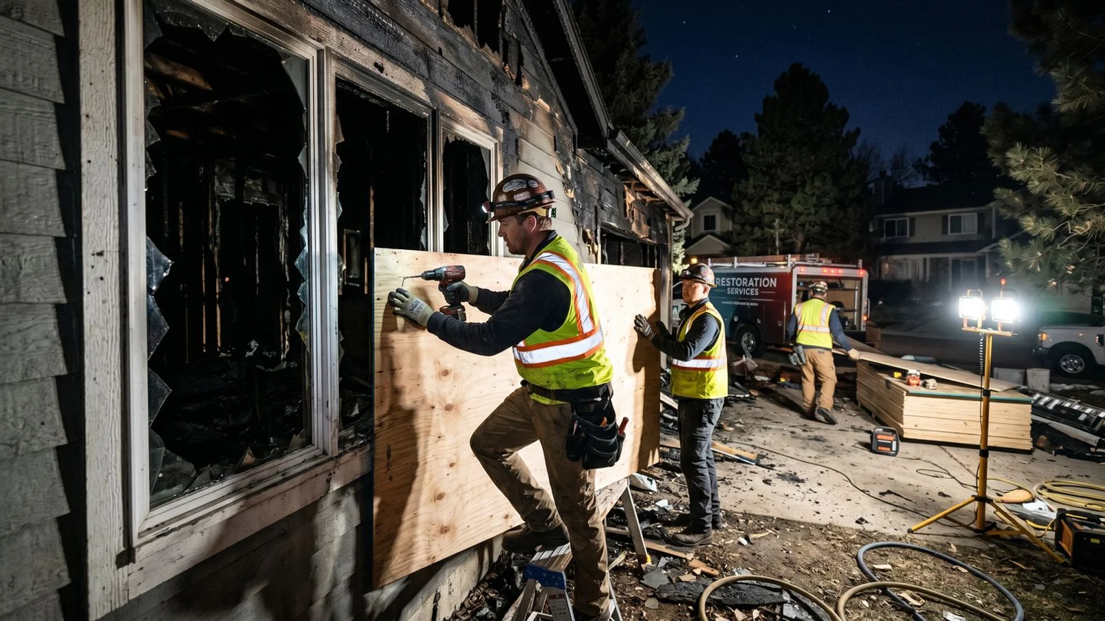 Crew boarding up windows on a fire-damaged Boulder home at night