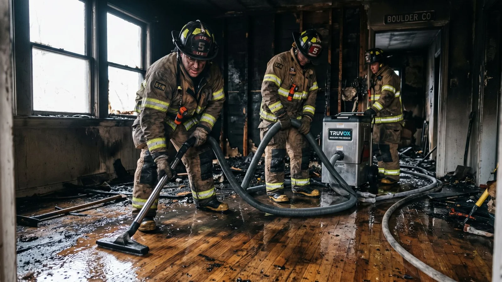 Crew extracting firefighter water from a saturated floor after a Boulder house fire