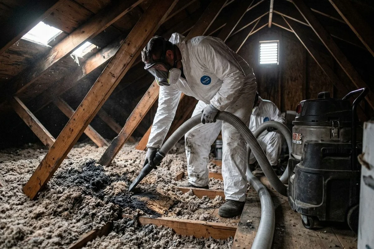 Crew HEPA vacuuming attic insulation after the Marshall Fire