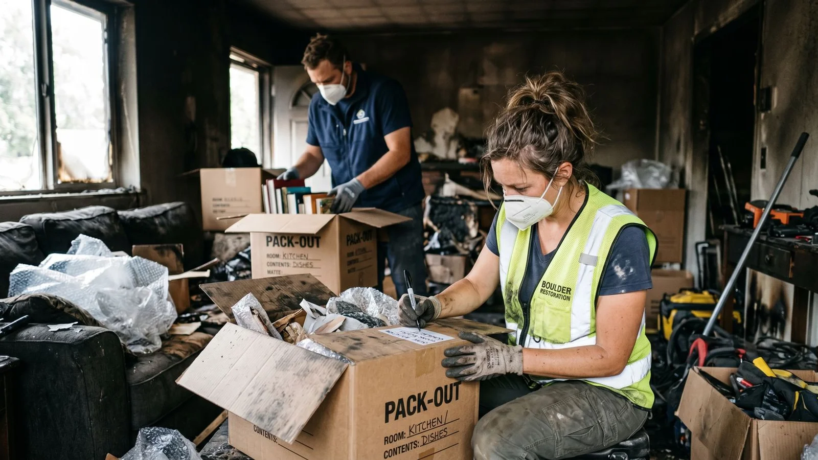 Crew packing and labeling belongings during a fire pack-out