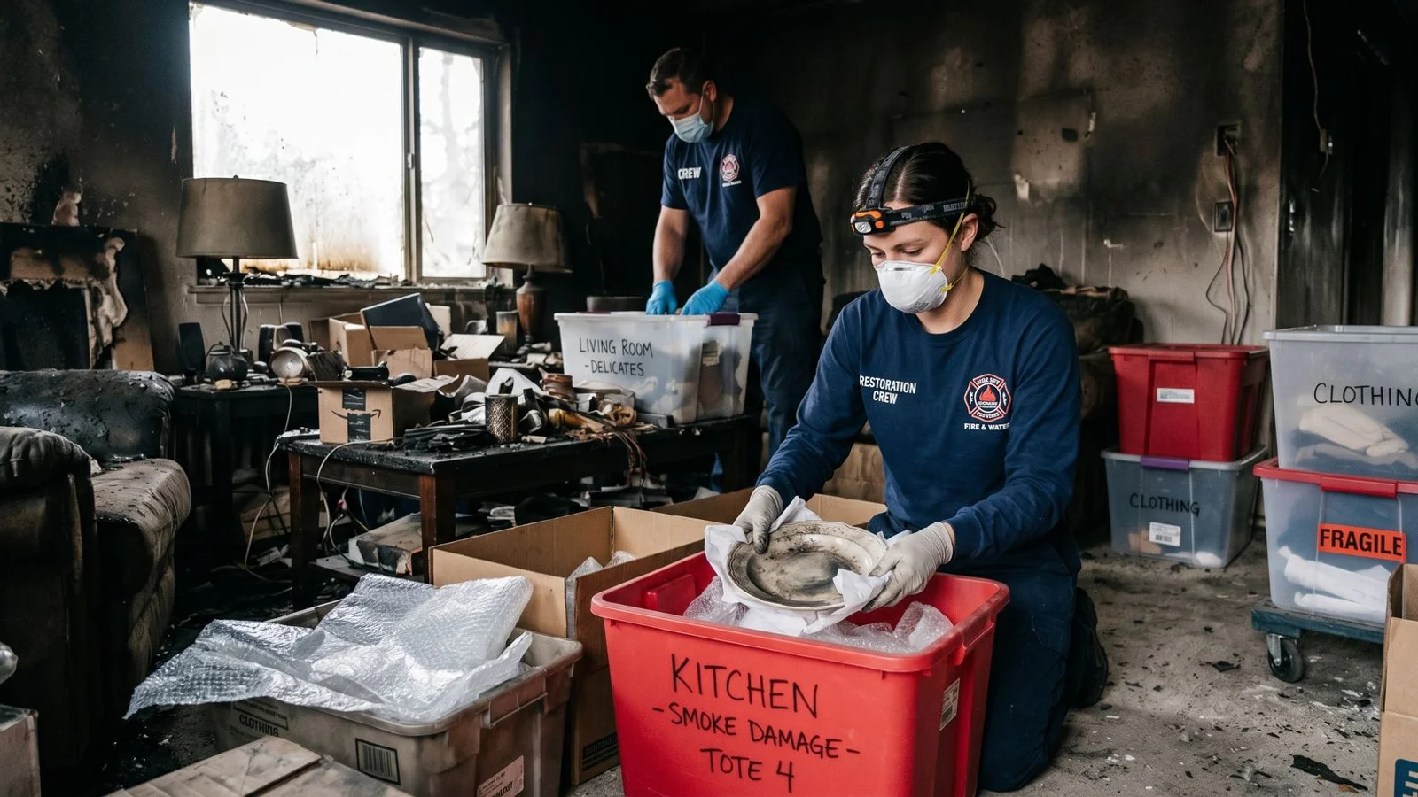 Crew packing smoke-damaged belongings into labeled totes for inventory