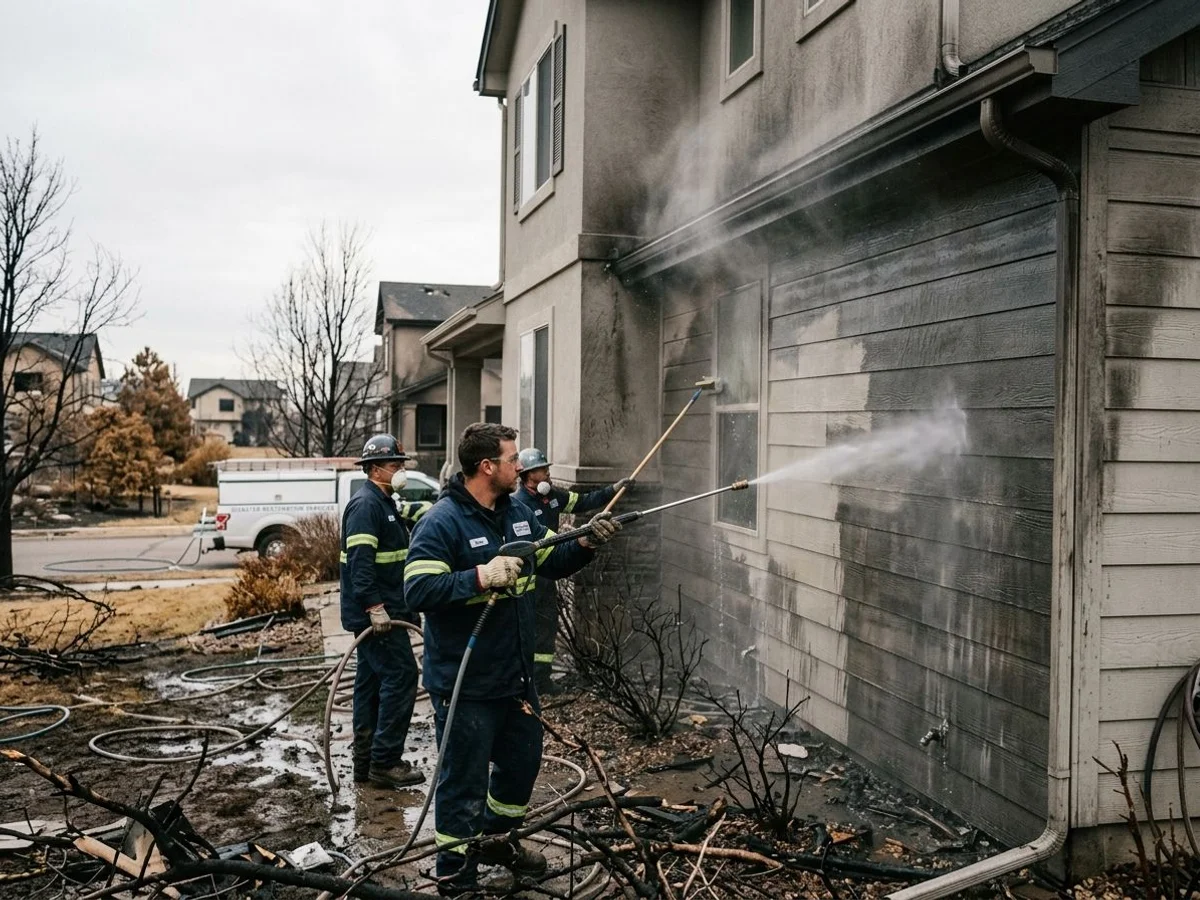 Crew washing exterior ash from a Superior home after Marshall Fire smoke