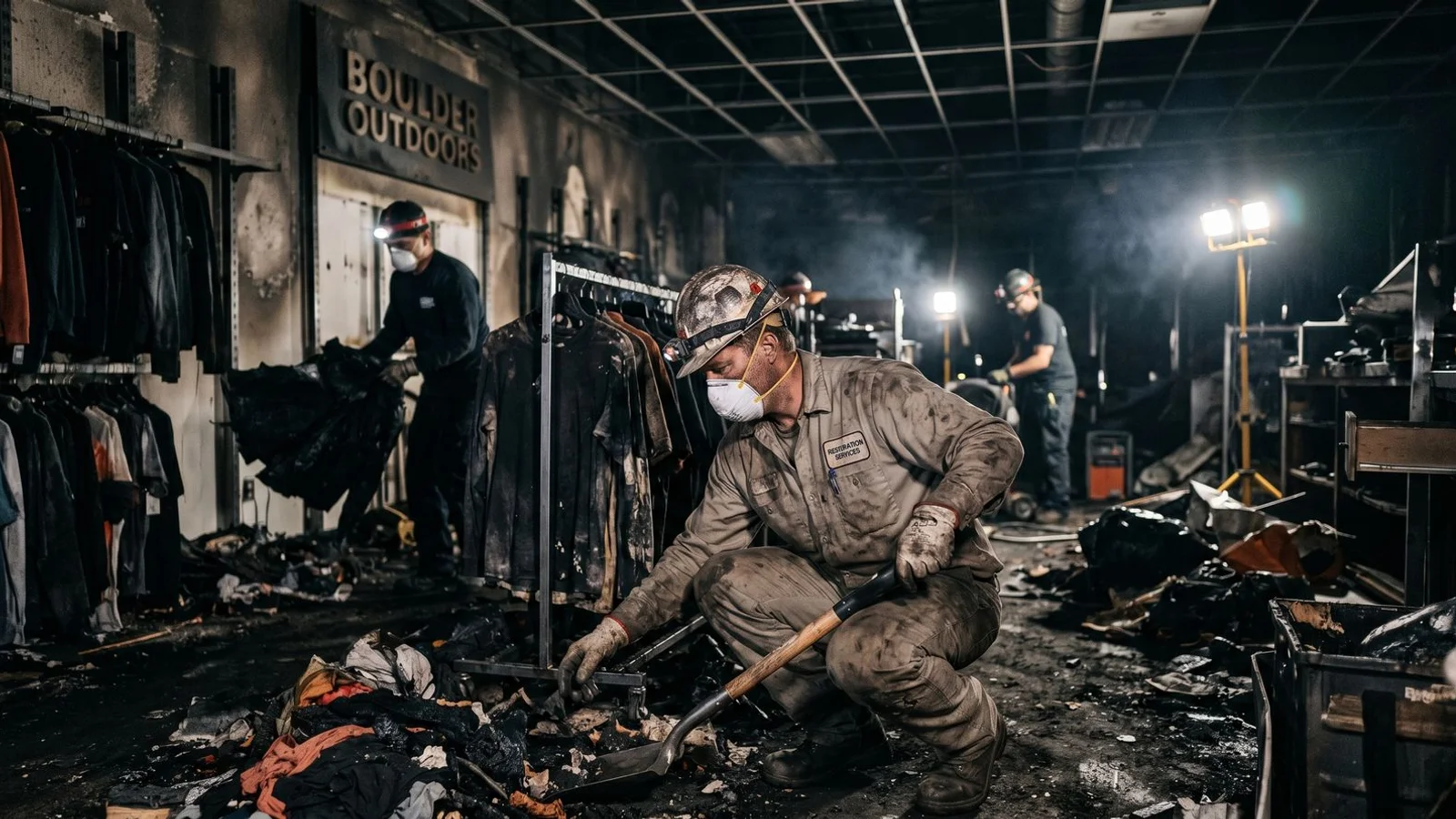 Crew working inside a closed retail space after hours