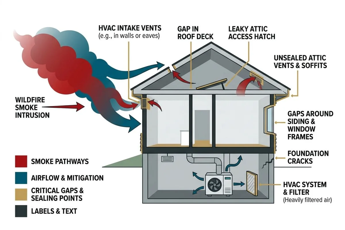 Wildfire smoke entry points: HVAC, attic vents, and gaps
