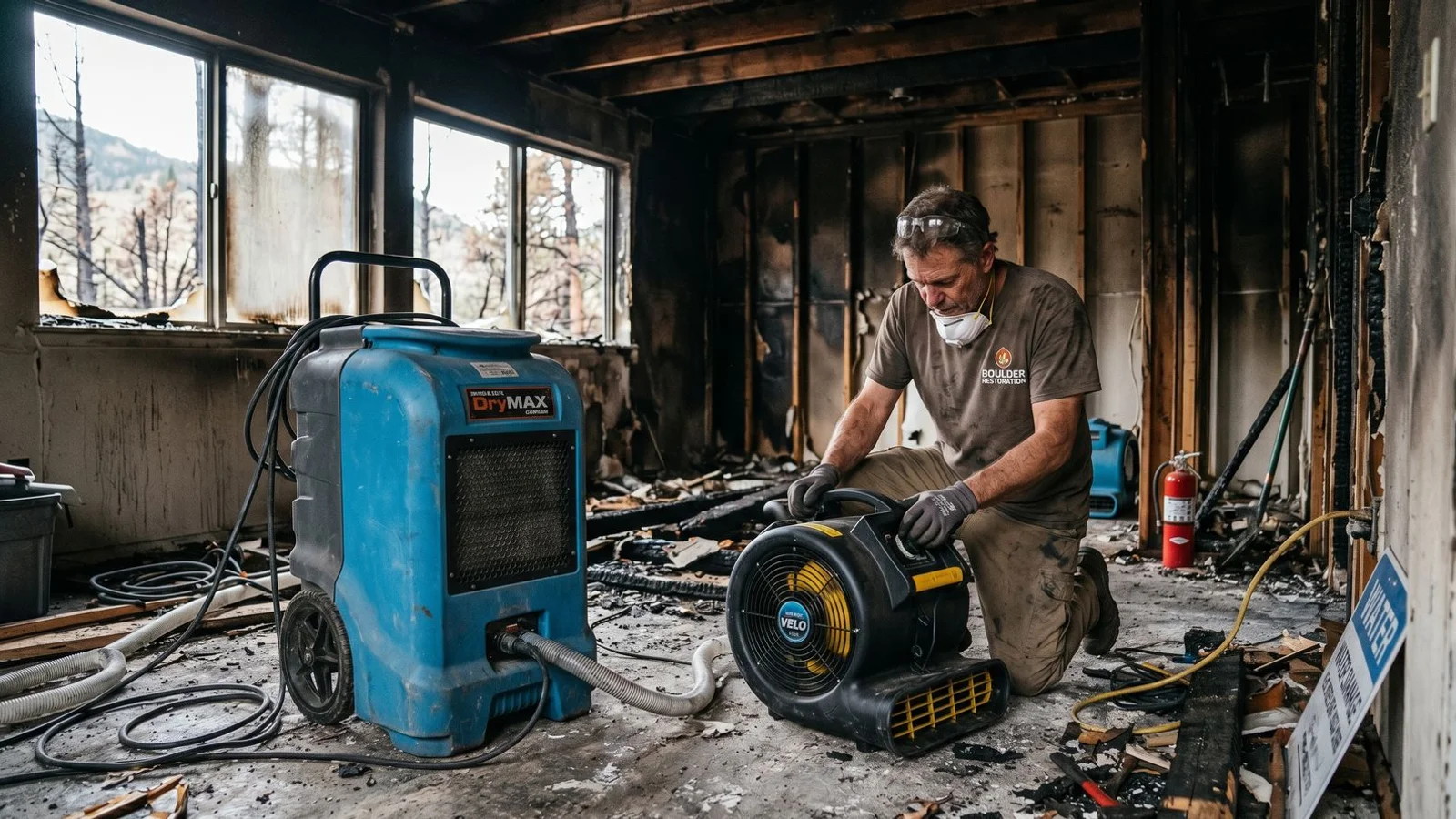 Dehumidifiers and air movers preventing mold in a fire-damaged structure