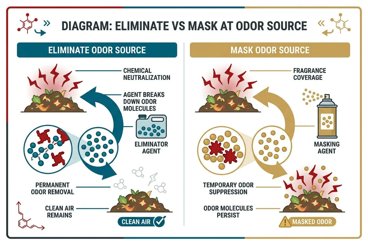 Diagram: eliminate vs mask at the odor source