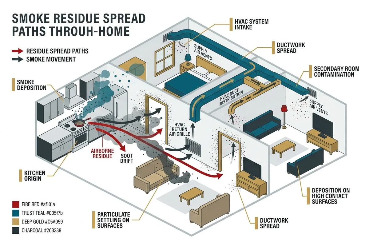 Smoke and residue spread paths from a kitchen