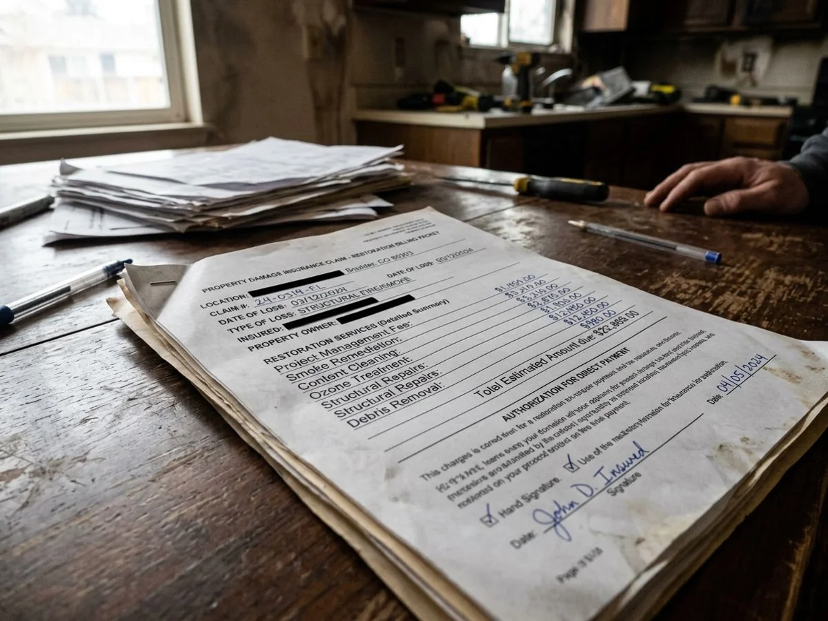 Direct insurance billing paperwork for fire damage restoration