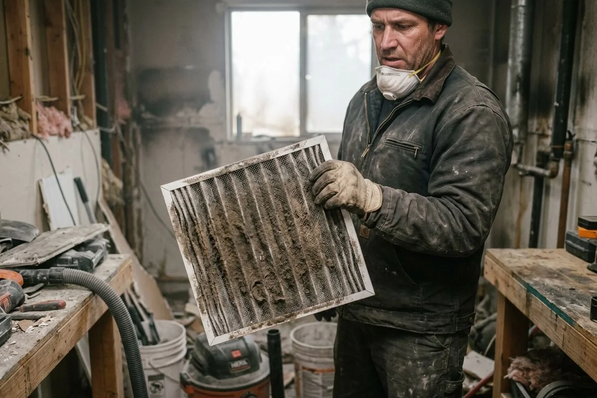 Discolored HVAC filter from wildfire smoke