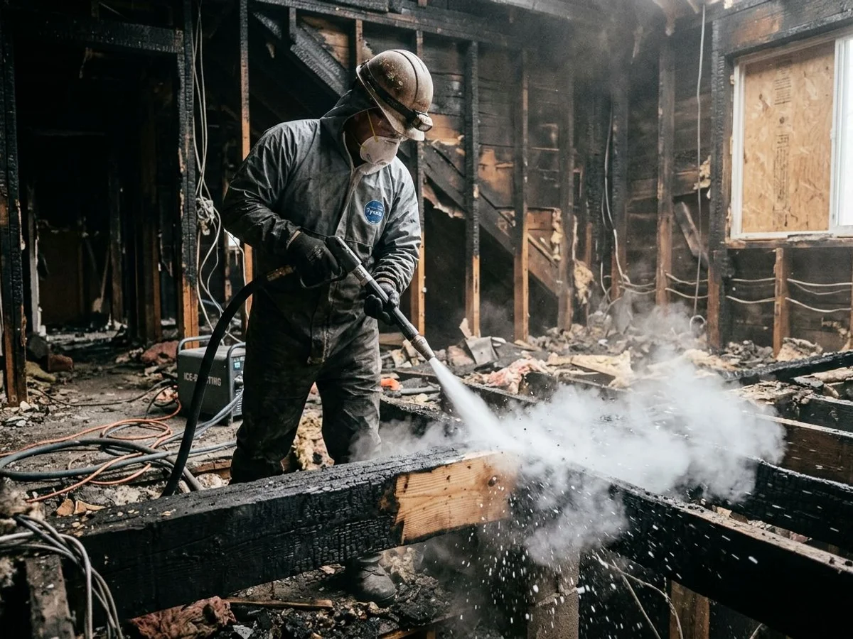 Dry-ice blasting removing soot from exposed framing