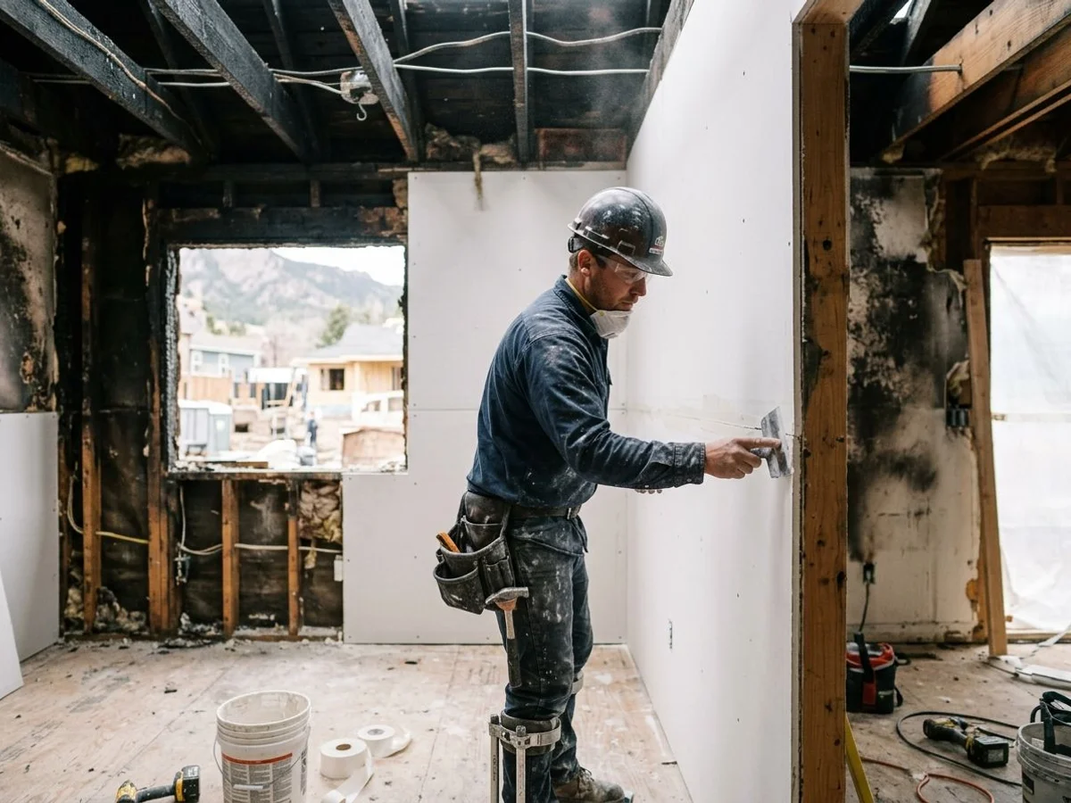 Drywall installation during a fire damage rebuild