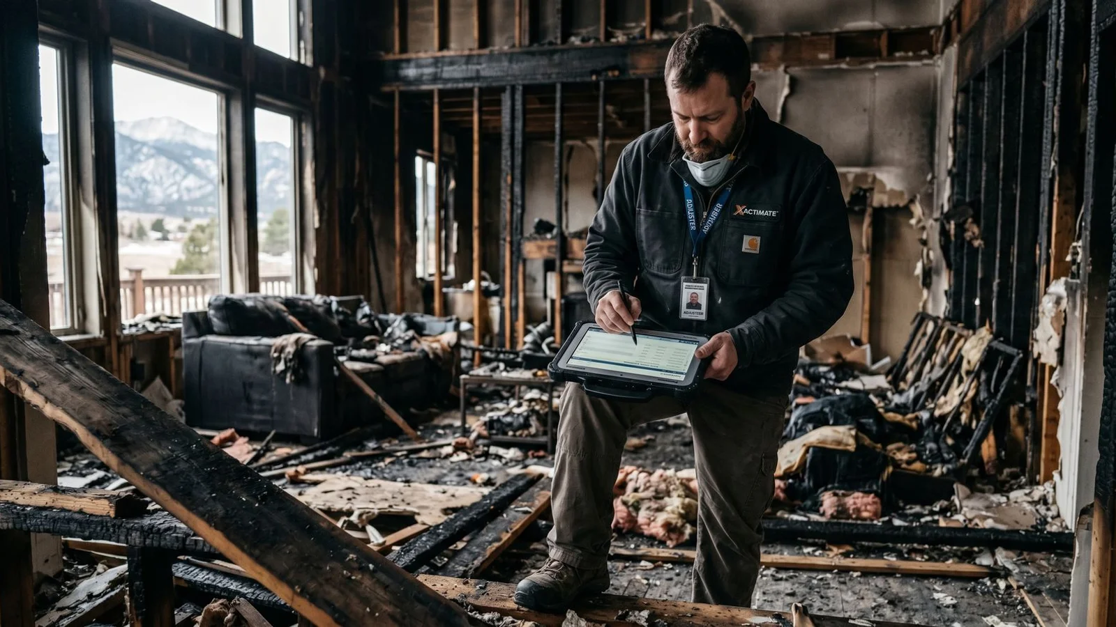Estimator reviewing fire damage with a tablet inside a Colorado home