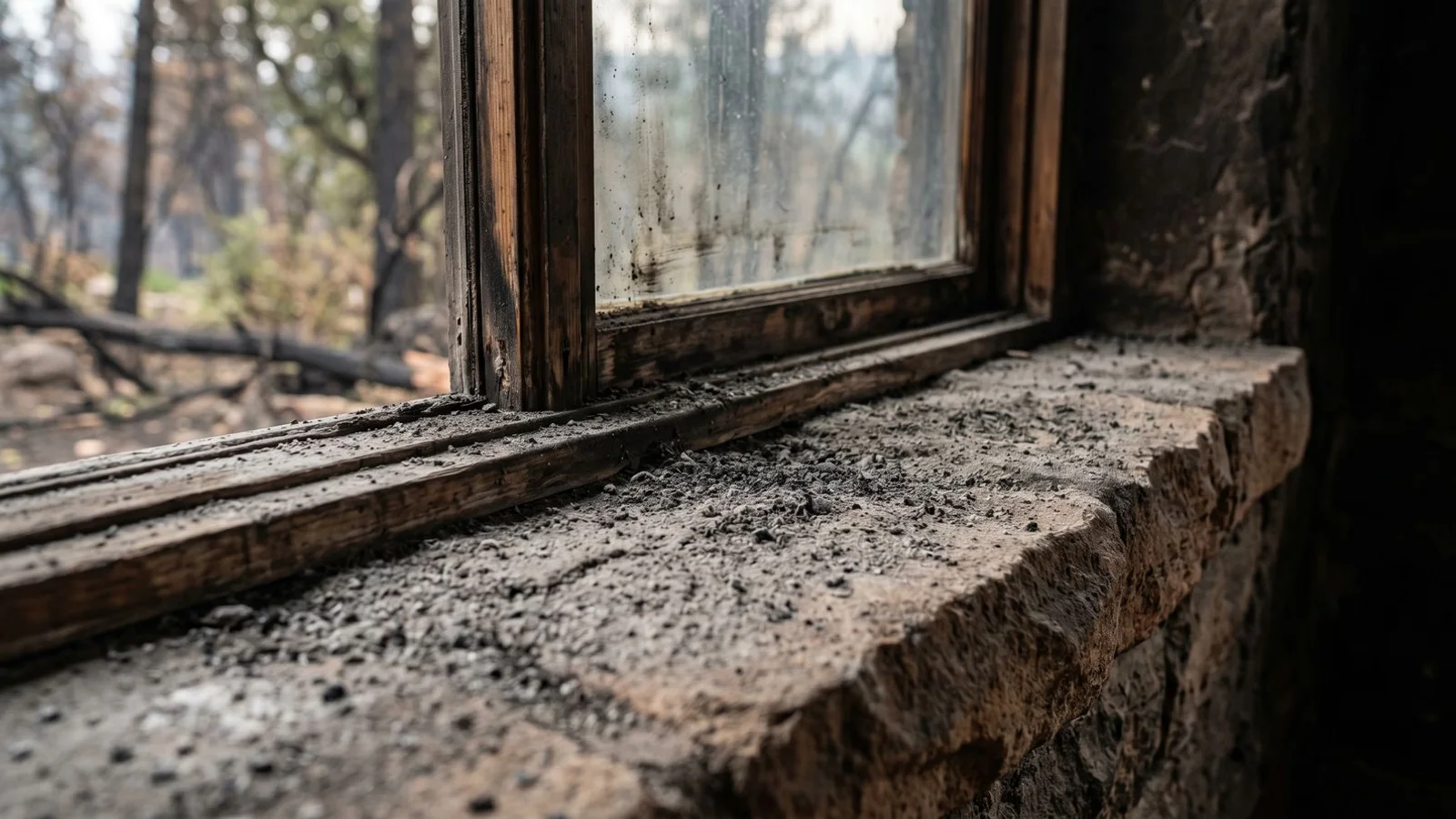 Fine ash film on a windowsill in a Boulder home after wildfire smoke