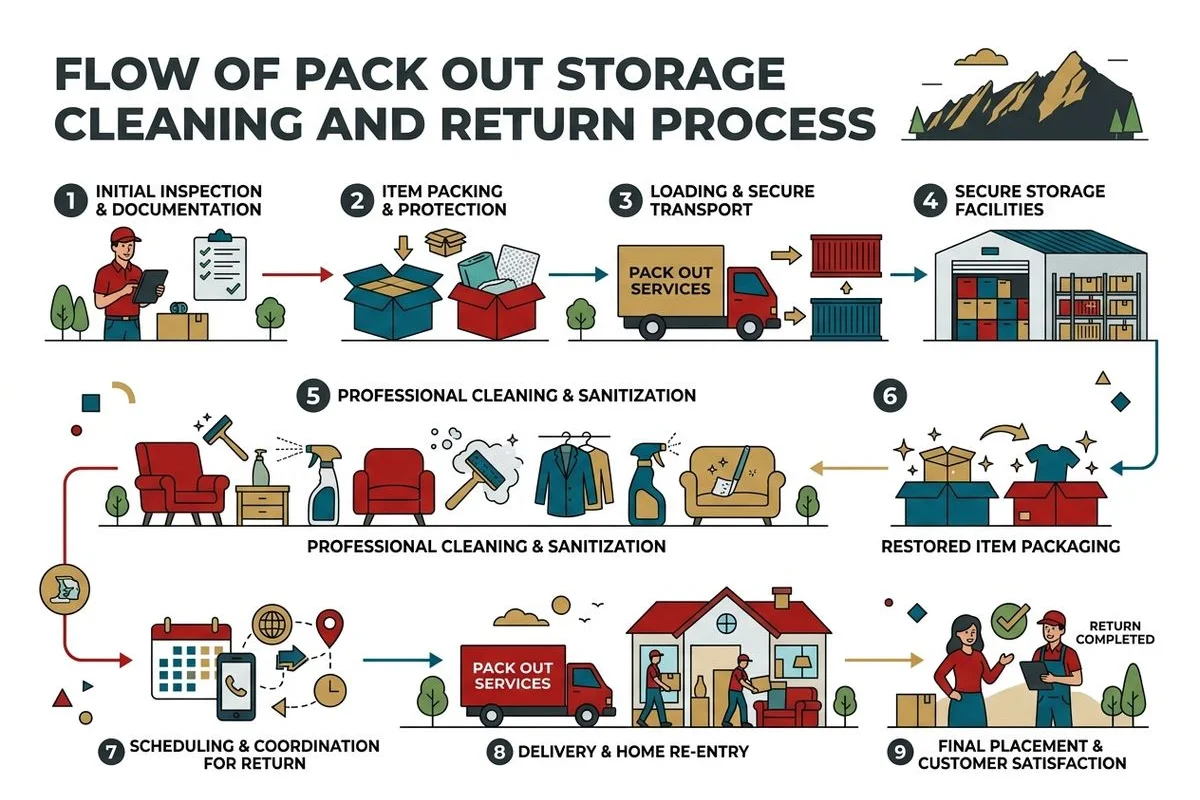 Flow of pack-out, storage, cleaning, and return