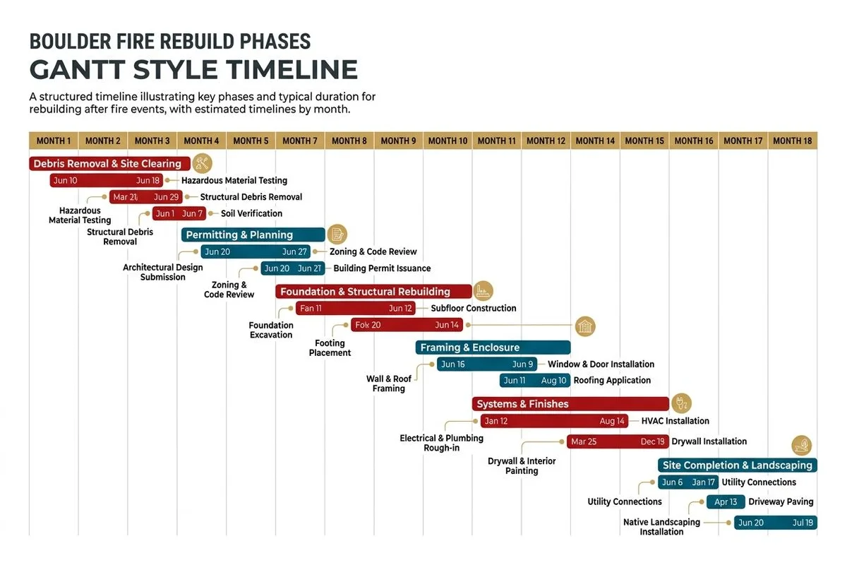 Gantt-style timeline for a fire rebuild