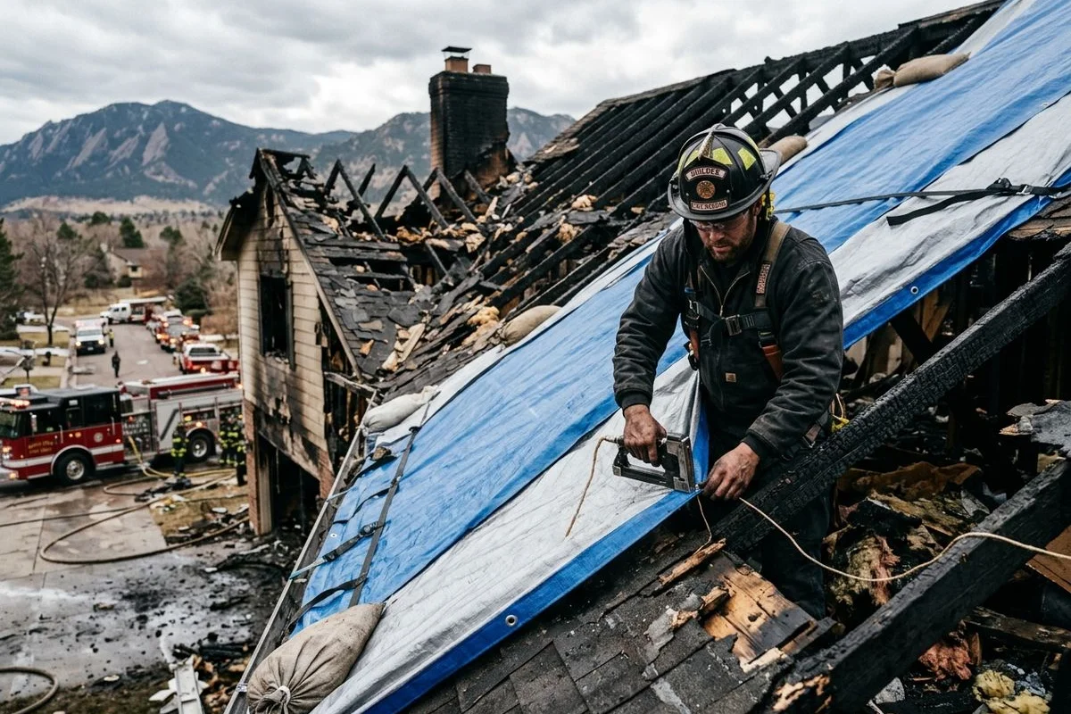 Heavy-duty tarp on a fire-damaged roof