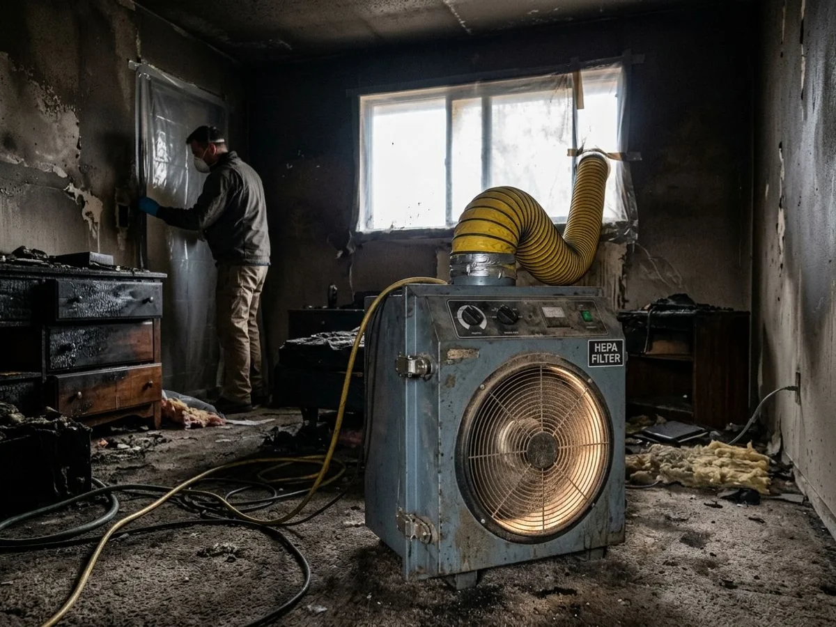 HEPA air scrubber running in a sealed smoke-damaged bedroom