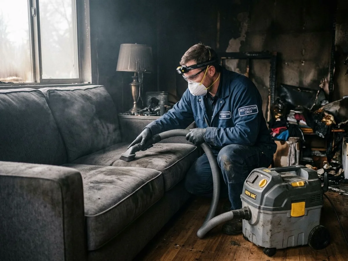 HEPA vacuuming soft furnishings during smoke damage cleanup