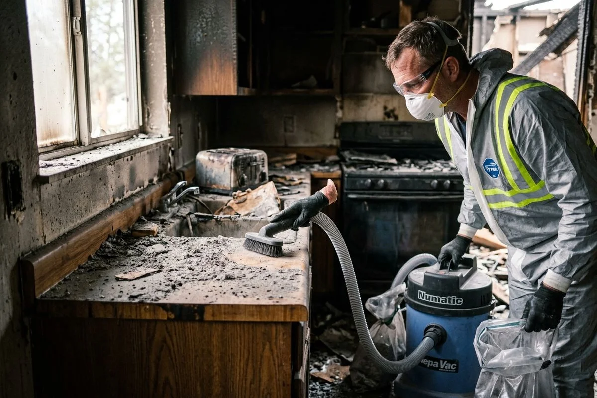HEPA vacuum removing ultrafine ash from a horizontal surface in a Boulder home