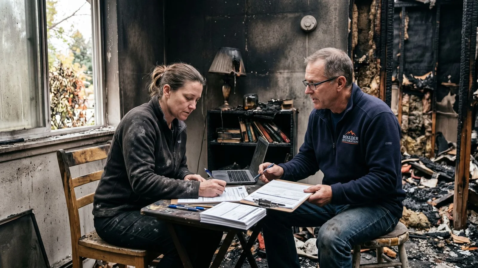 Homeowner and restoration rep filling out fire claim documentation