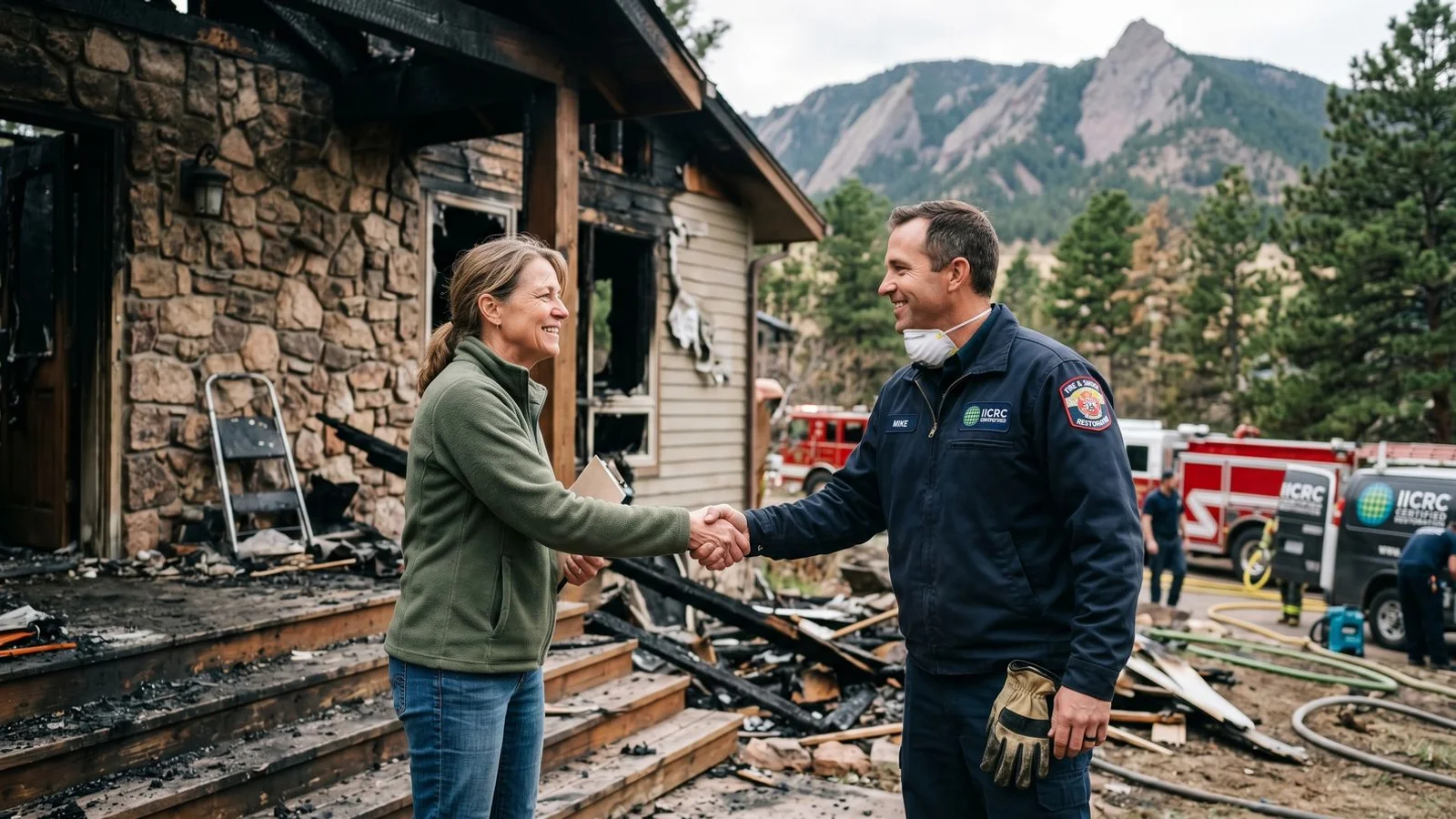 Homeowner shaking hands with a certified IICRC fire restoration specialist