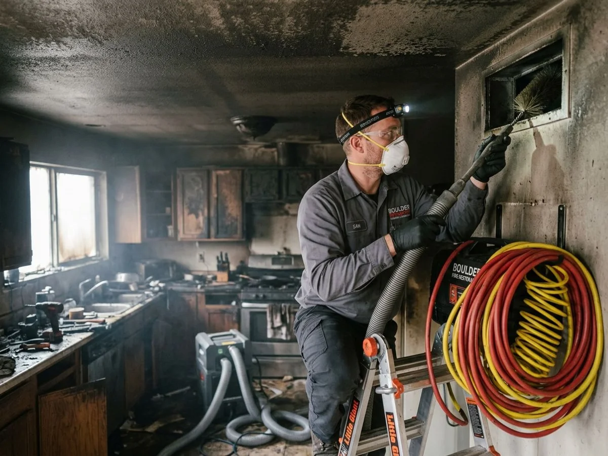 HVAC vent cleaning to remove protein soot from a kitchen fire