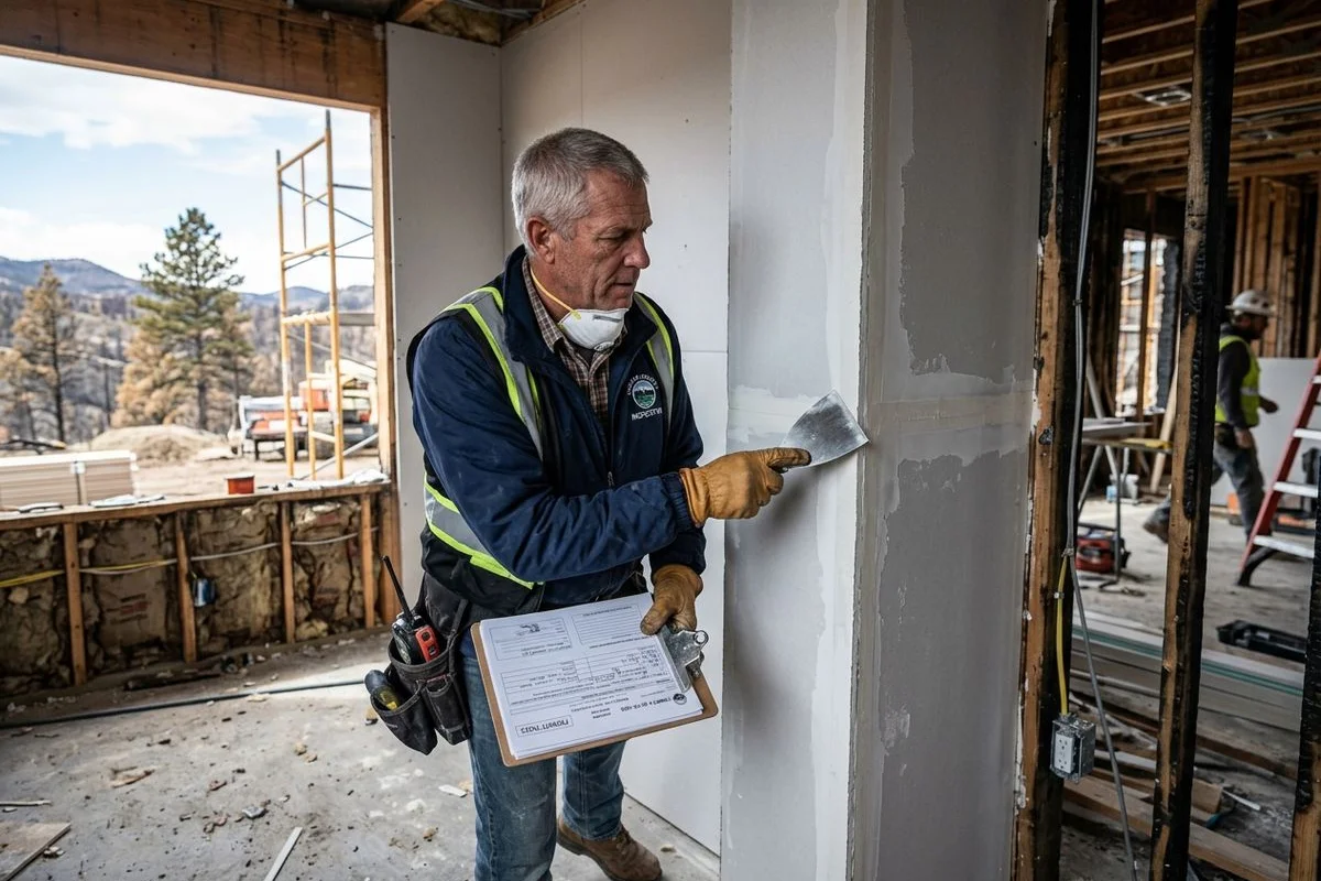 Inspector reviewing completed drywall repair work after a Boulder fire damage repair