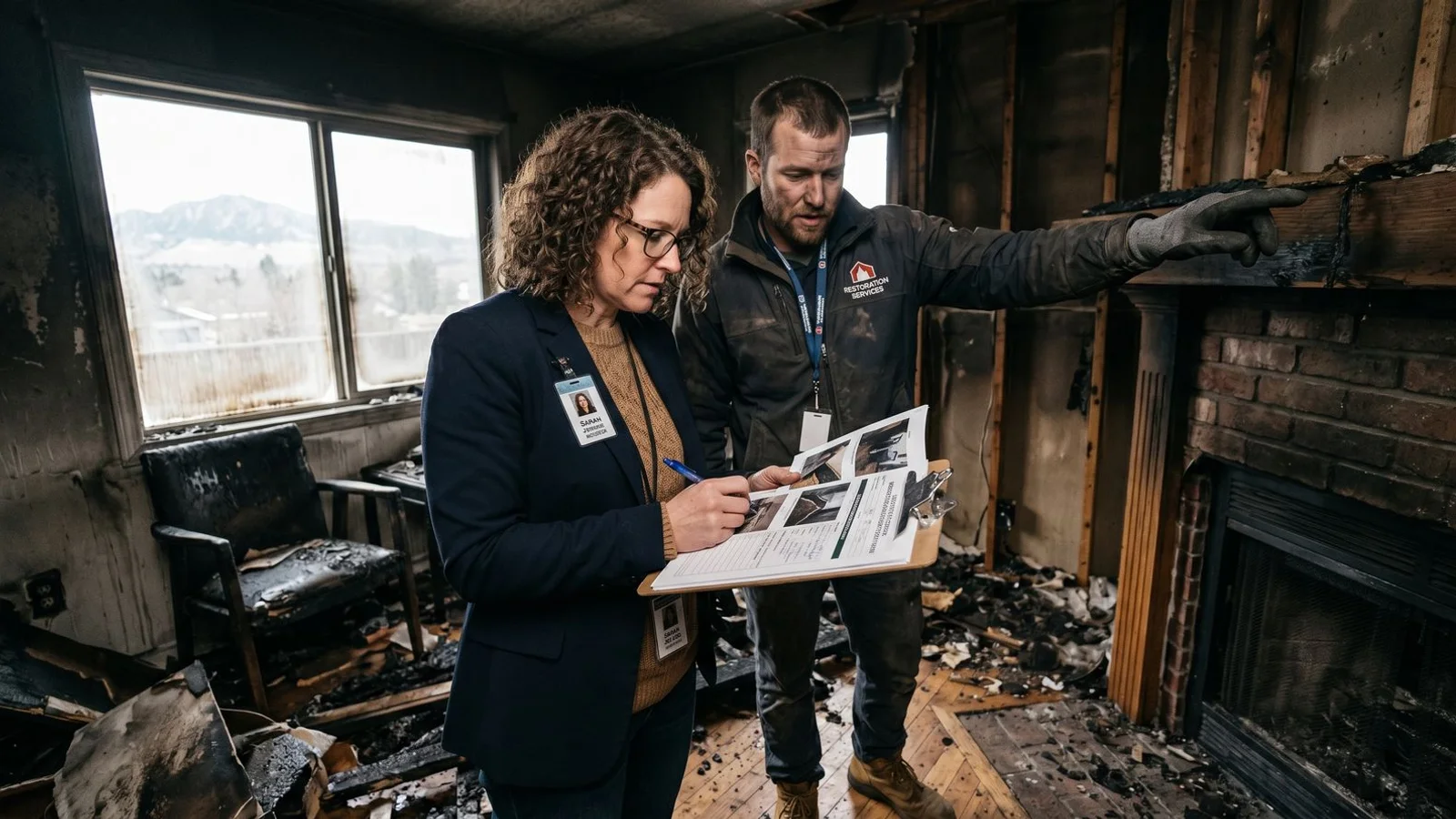 Adjuster and specialist reviewing wildfire smoke damage documentation