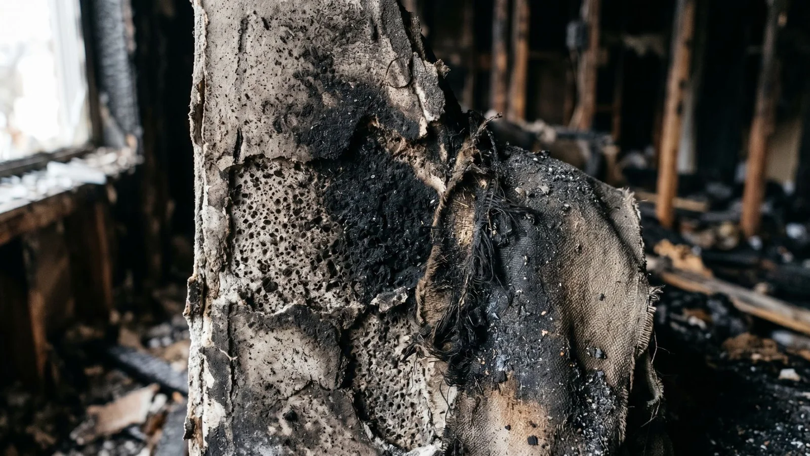 Macro close-up of soot on porous drywall and fabric