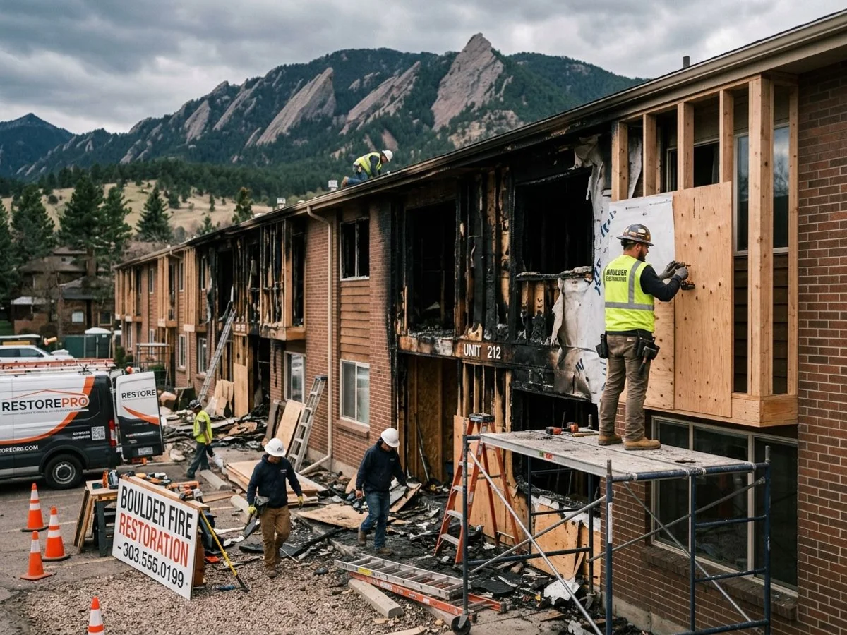 Multi-unit building with fire-damaged units in restoration