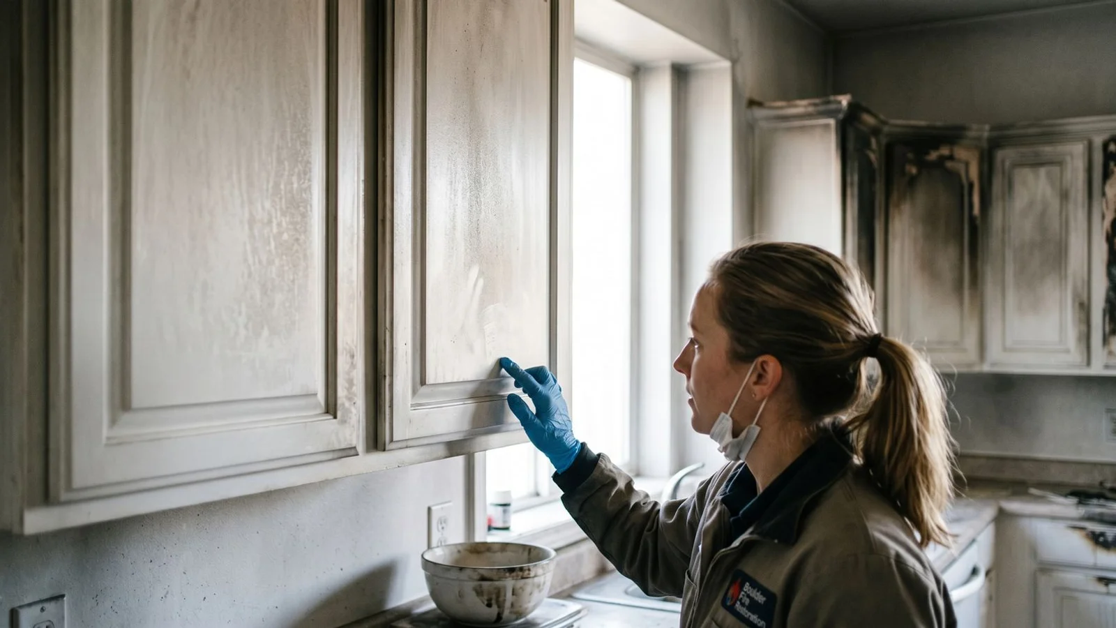 Near-invisible greasy soot film on kitchen cabinets