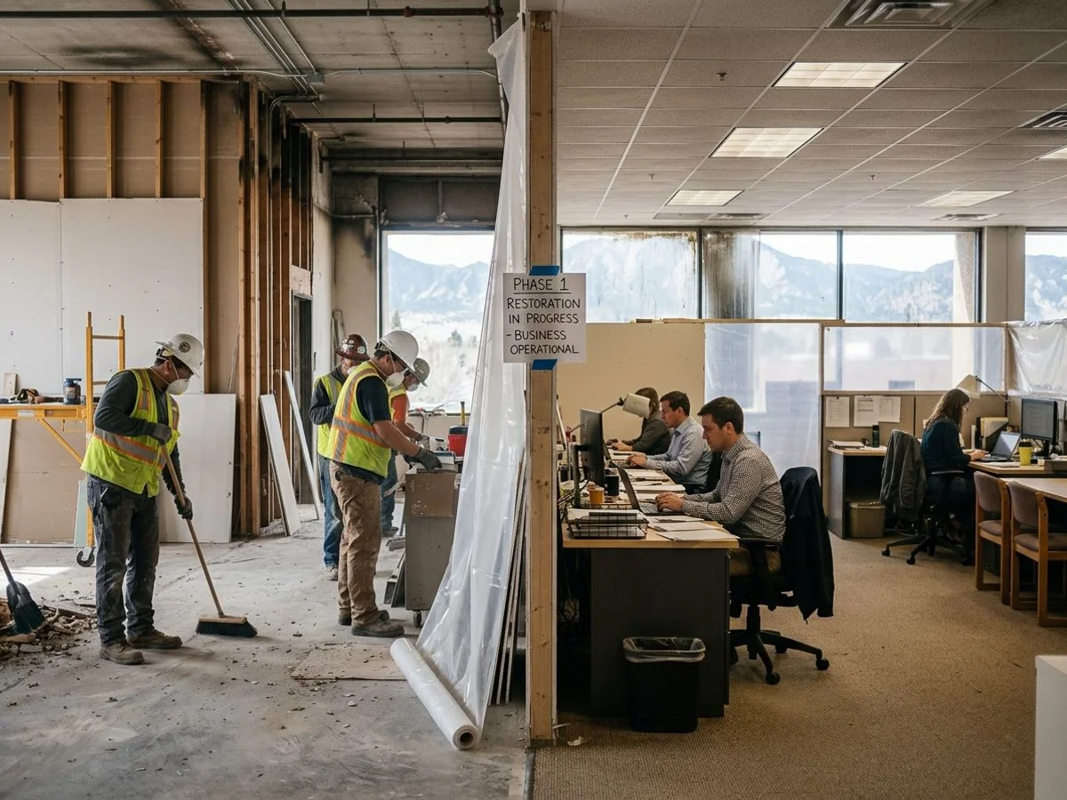 Phased restoration keeping half of a commercial office open