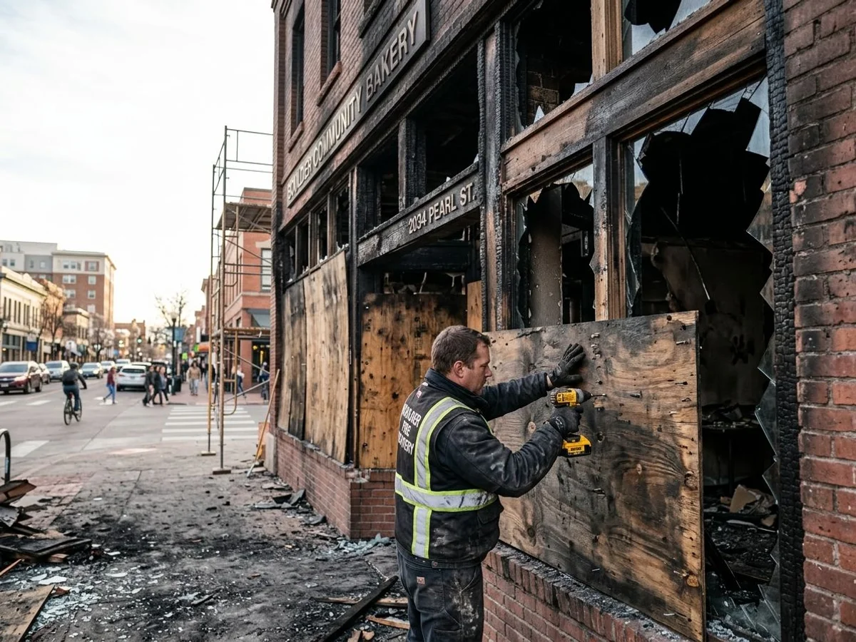 Plywood securing broken windows after a fire