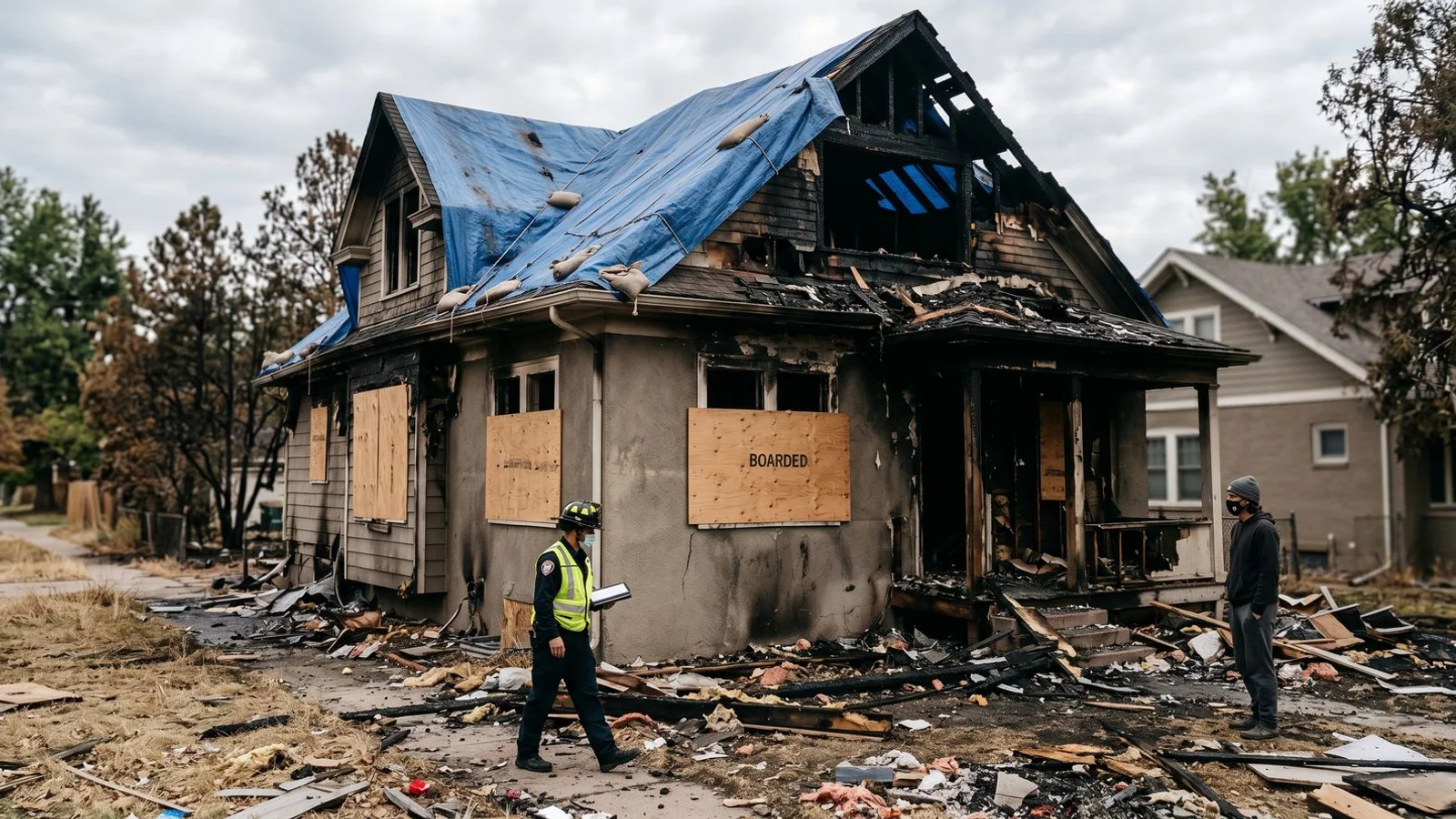 Plywood-secured windows and a tarped roof on a fire-damaged home