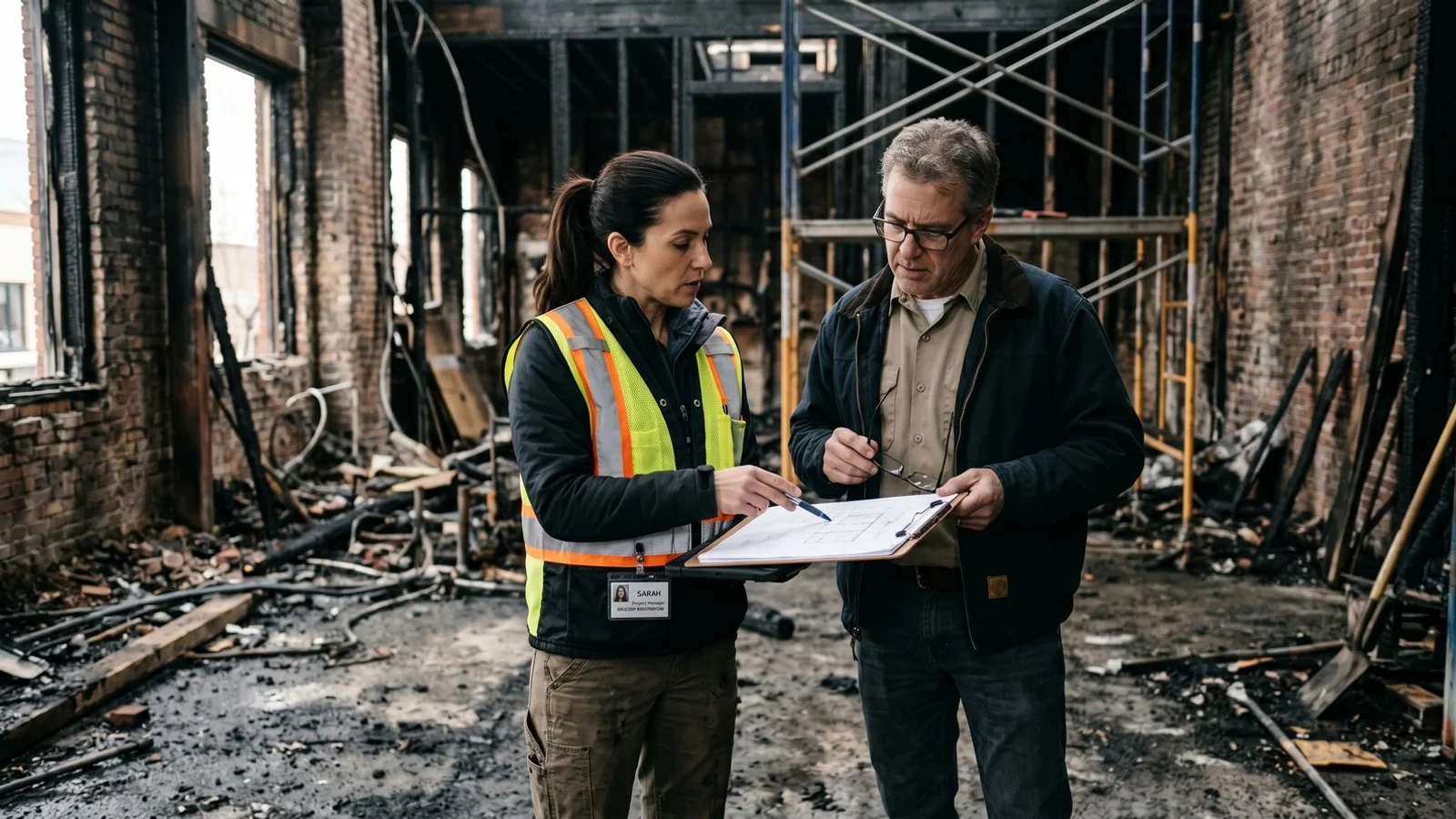 Project manager briefing a business owner at the restoration site