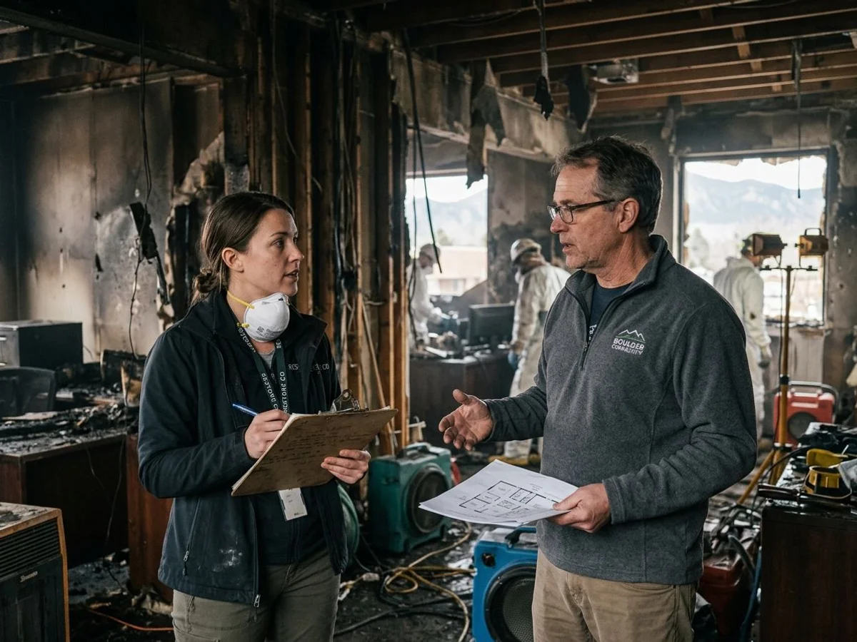 Project manager coordinating with property manager on commercial fire restoration