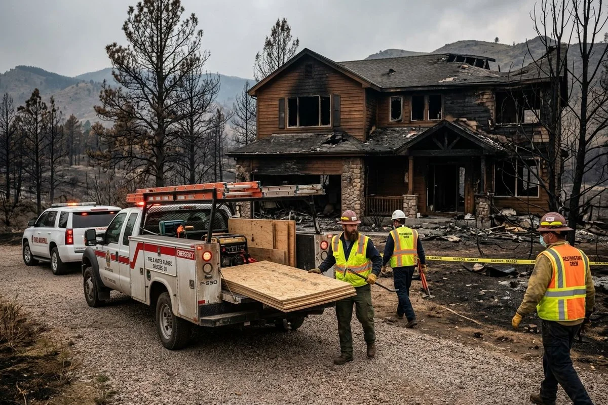 Restoration crew arriving on scene to secure the fire-damaged property