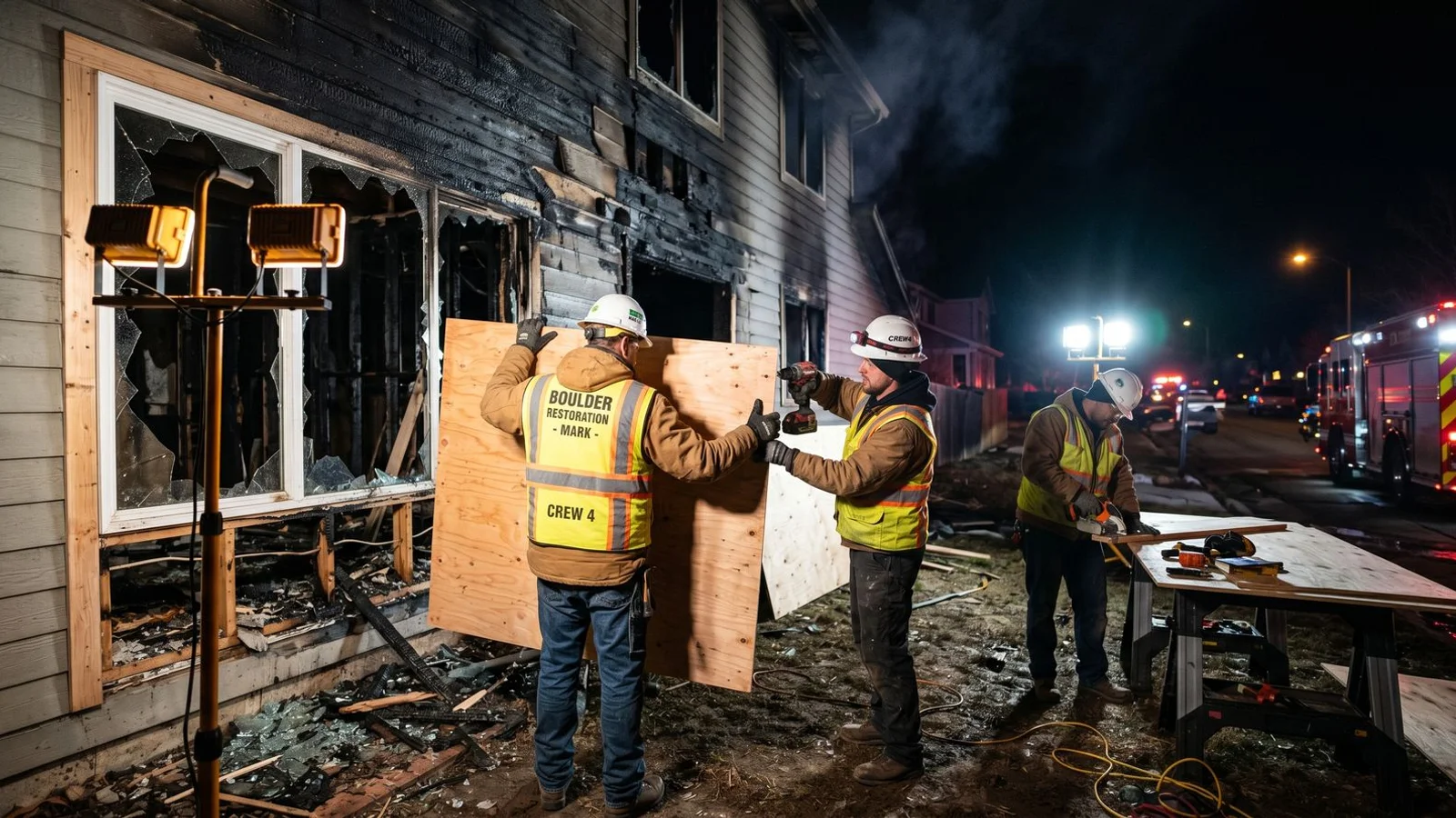 Restoration crew boarding up broken windows after a Boulder house fire at night