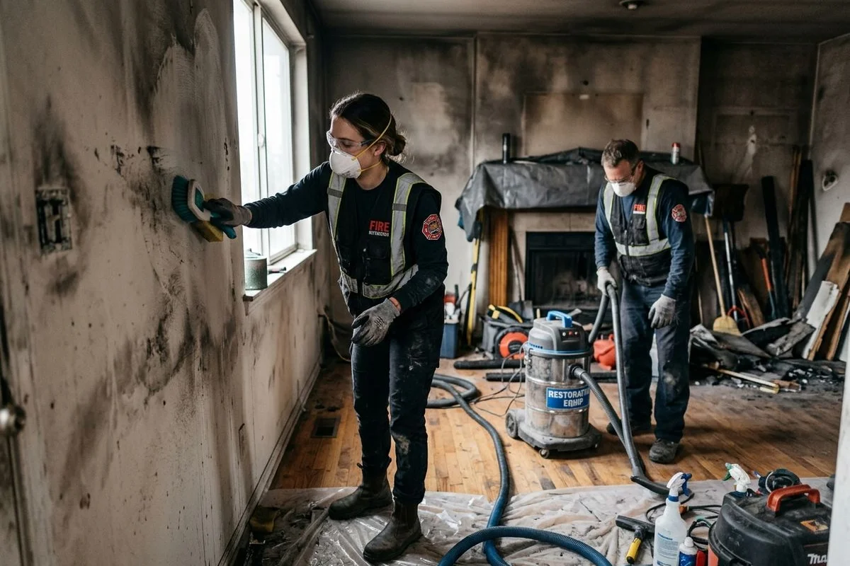 Restoration crew working inside a surviving Marshall Fire home in Boulder County