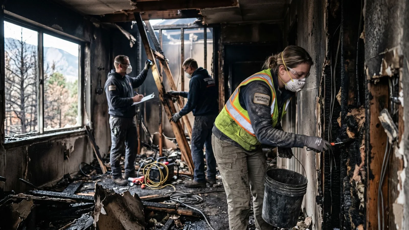 Crew working through fire restoration phases inside a Boulder home
